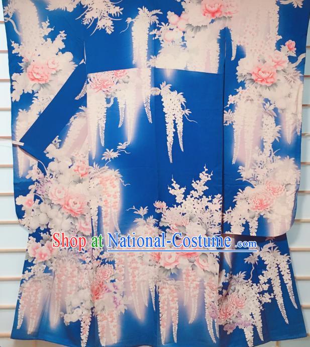 Traditional Japanese Deep Blue Furisode Kimono Japan Classical Peony Pattern Yukata Dress Costume for Women