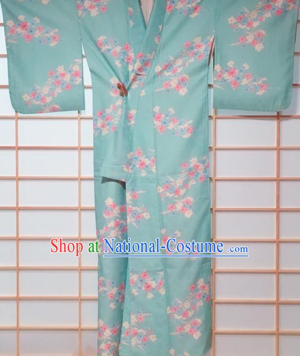 Traditional Japanese Green Kimono Japan Classical Flowers Pattern Yukata Dress Costume for Women