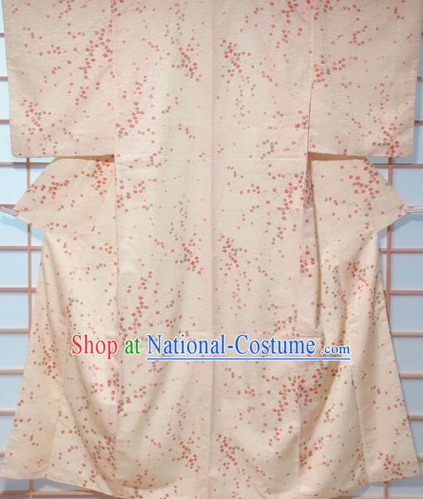 Traditional Japanese Beige Kimono Japan Classical Flowers Pattern Yukata Dress Costume for Women