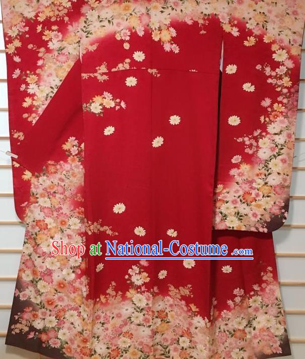 Japanese Classical Chrysanthemum Pattern Red Furisode Kimono Japan Traditional Yukata Dress Costume for Women