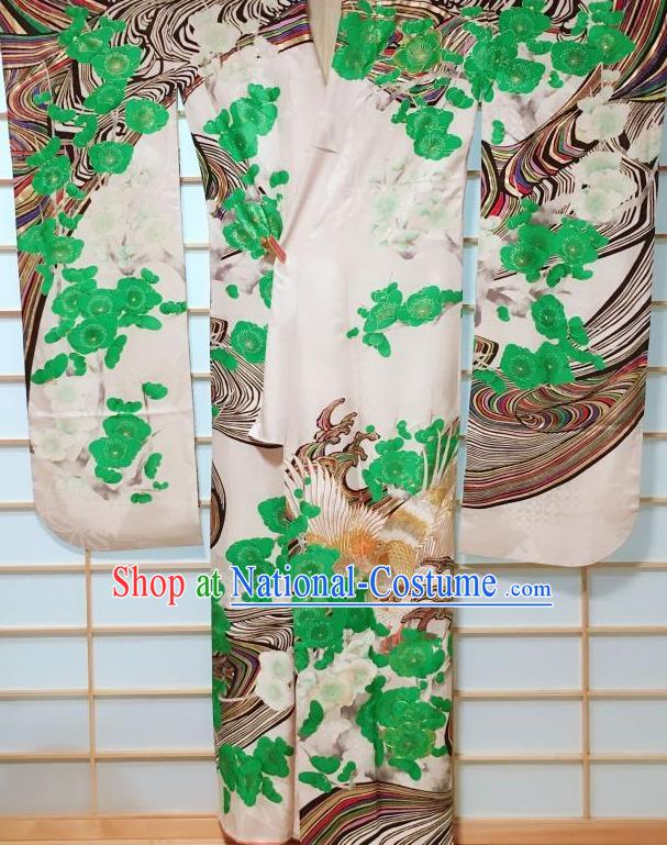 Japanese Classical Eagle Pine Pattern Furisode Kimono Japan Traditional Yukata Dress Costume for Women