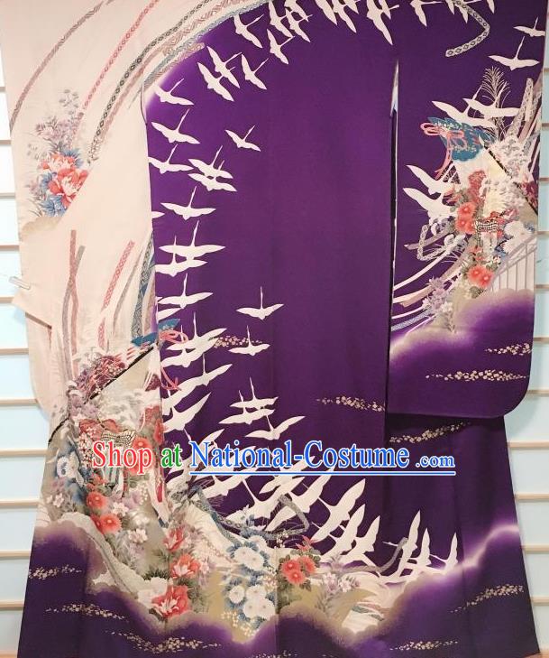 Japanese Classical Crane Chrysanthemum Pattern Purple Furisode Kimono Japan Traditional Yukata Dress Costume for Women