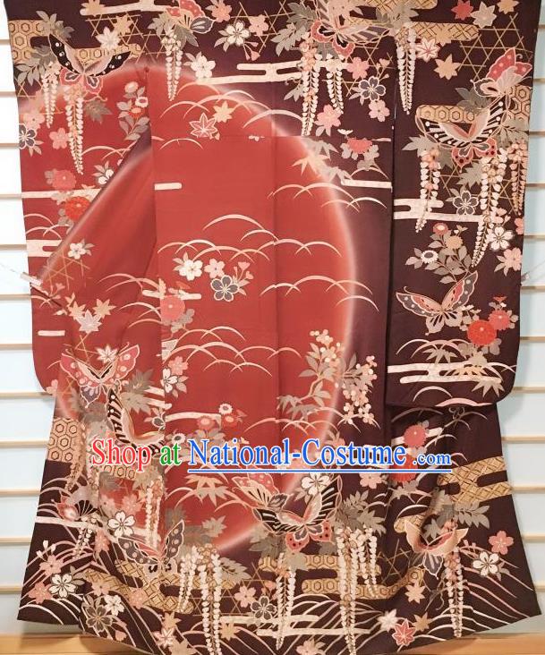 Japanese Classical Chrysanthemum Butterfly Pattern Purplish Red Furisode Kimono Japan Traditional Yukata Dress Costume for Women