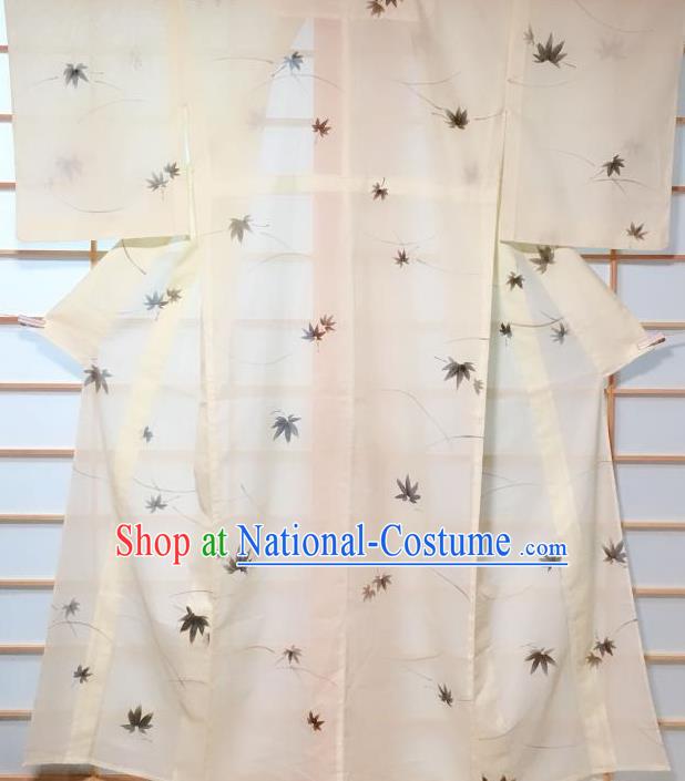 Japanese Classical Maple Leaf Pattern Beige Kimono Japan Traditional Yukata Dress Costume for Women