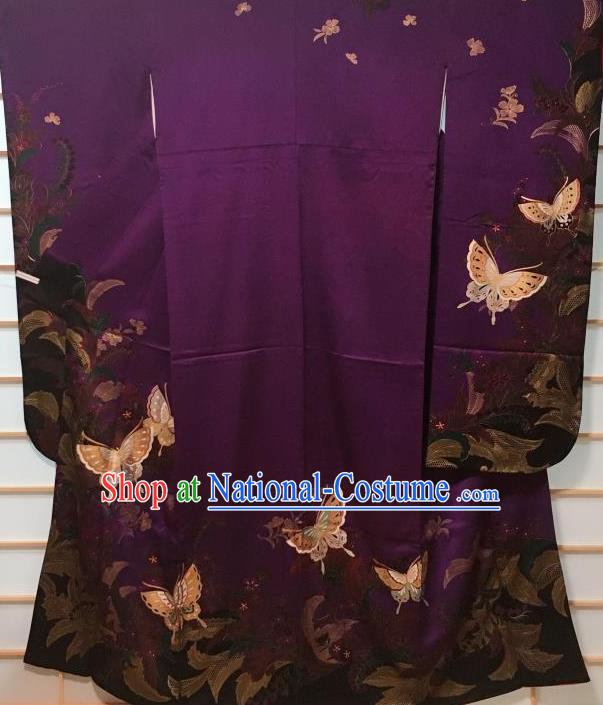 Japanese Classical Butterfly Pattern Purple Furisode Kimono Japan Traditional Yukata Dress Costume for Women