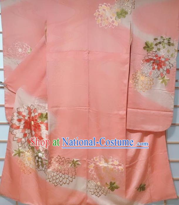 Japanese Classical Chrysanthemum Pattern Pink Furisode Kimono Japan Traditional Yukata Dress Costume for Women