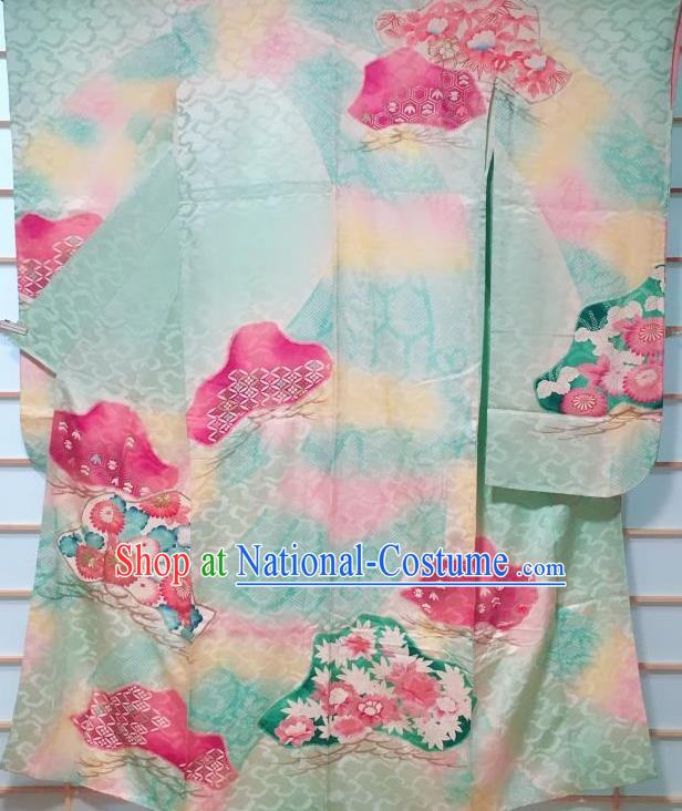 Japanese Classical Chrysanthemum Pattern Green Furisode Kimono Japan Traditional Yukata Dress Costume for Women