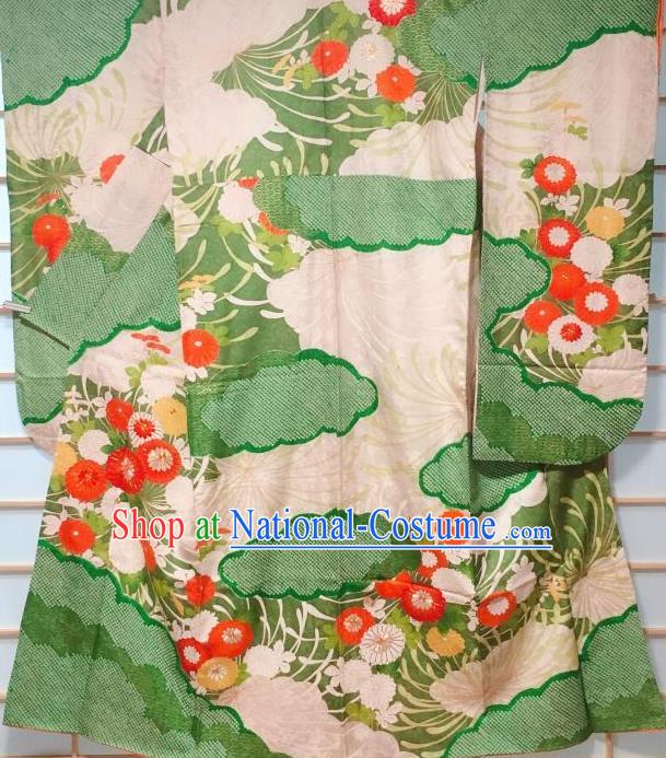 Japanese Classical Cloud Chrysanthemum Pattern Green Furisode Kimono Japan Traditional Yukata Dress Costume for Women