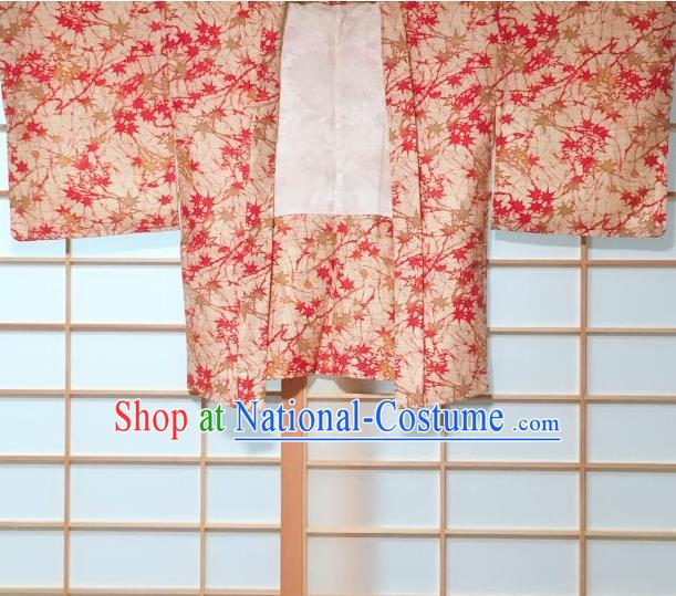 Japanese Traditional Maple Leaf Pattern Beige Haori Jacket Japan Kimono Overcoat Costume for Women