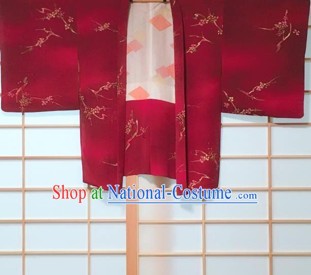 Japanese Traditional Plum Blossom Pattern Wine Red Haori Jacket Japan Kimono Overcoat Costume for Women