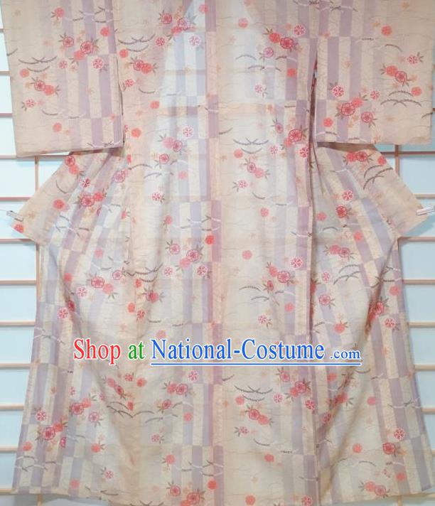 Japanese Classical Sakura Pattern Apricot Kimono Japan Traditional Yukata Dress Costume for Women