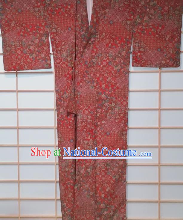 Japanese Classical Oriental Cherry Pattern Red Kimono Japan Traditional Yukata Dress Costume for Women