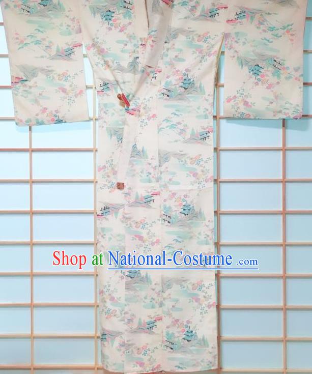 Japanese Classical Temple Pattern White Kimono Japan Traditional Yukata Dress Costume for Women