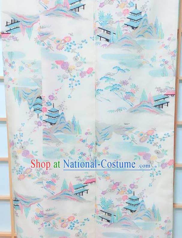 Japanese Classical Temple Pattern White Kimono Japan Traditional Yukata Dress Costume for Women