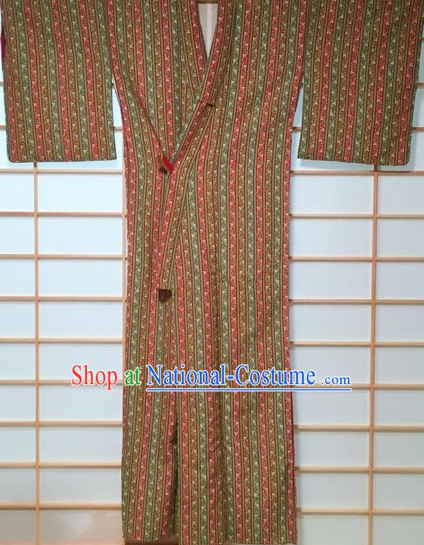 Japanese Classical Stripe Pattern Olive Green Kimono Japan Traditional Yukata Dress Costume for Women