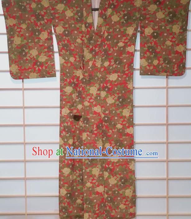 Traditional Japanese Rosy Kimono Japan Classical Camellia Pattern Yukata Dress Costume for Women