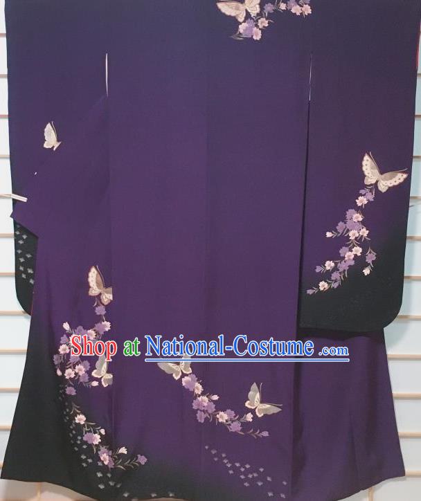 Traditional Japanese Purple Furisode Kimono Japan Classical Butterfly Pattern Yukata Dress Costume for Women