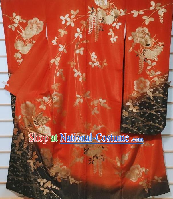 Traditional Japanese Red Furisode Kimono Japan Classical Butterfly Pattern Yukata Dress Costume for Women