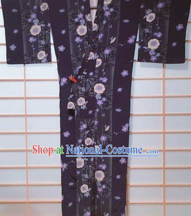 Traditional Japanese Deep Purple Kimono Japan Classical Chrysanthemum Pattern Yukata Dress Costume for Women