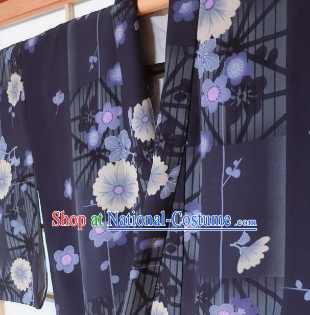 Traditional Japanese Deep Purple Kimono Japan Classical Chrysanthemum Pattern Yukata Dress Costume for Women