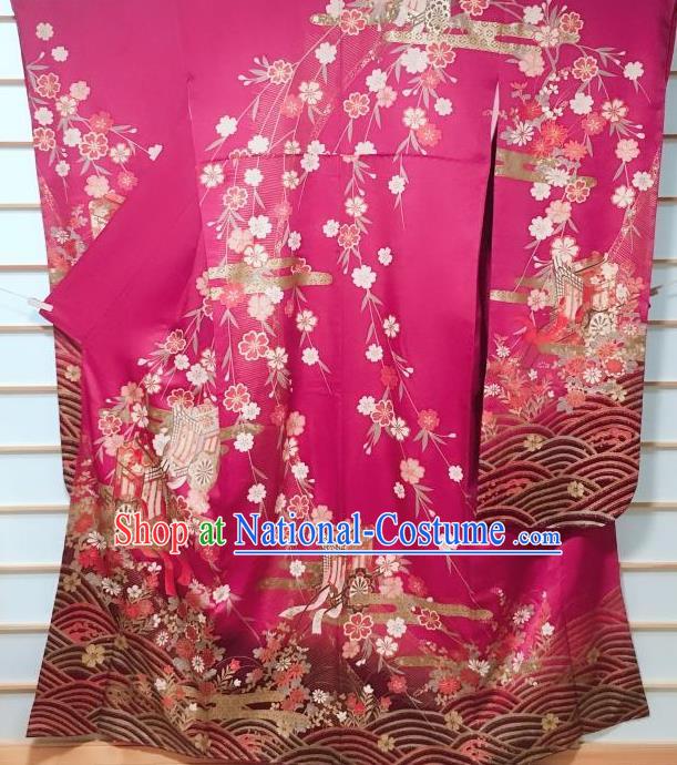 Traditional Japanese Rosy Furisode Kimono Japan Classical Cherry Blossom Pattern Yukata Dress Costume for Women