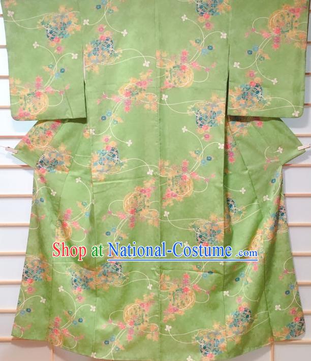 Traditional Japanese Green Kimono Japan Classical Maple Leaf Pattern Yukata Dress Costume for Women