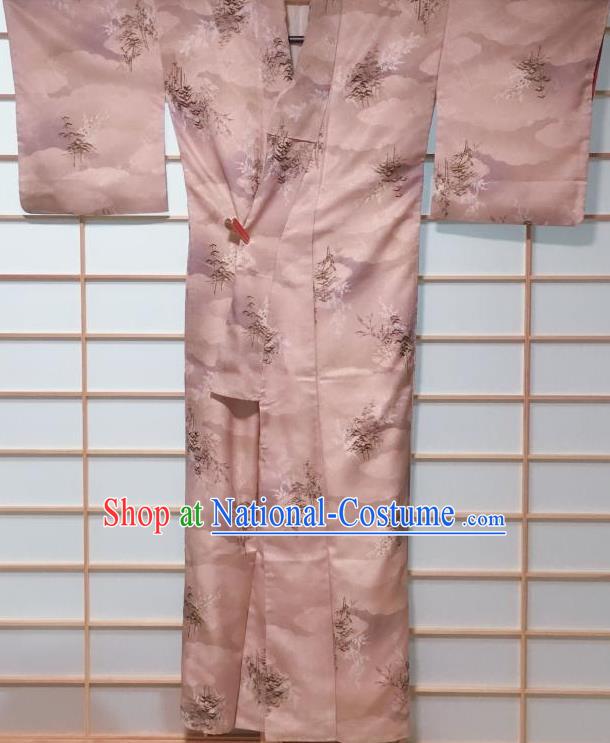 Traditional Japanese Lilac Kimono Japan Classical Tree Pattern Yukata Dress Costume for Women