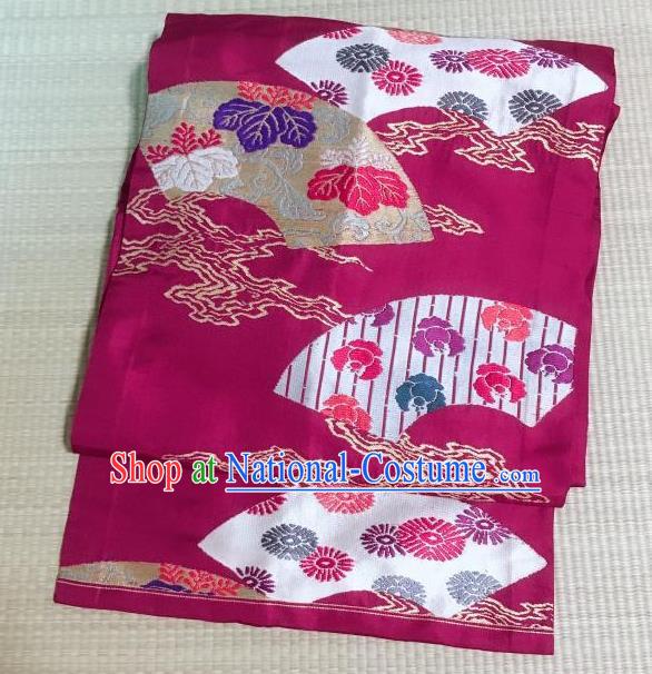 Japanese Nagoya Traditional Chrysanthemum Pattern Wine Red Brocade Waistband Japan Kimono Yukata Belt for Women