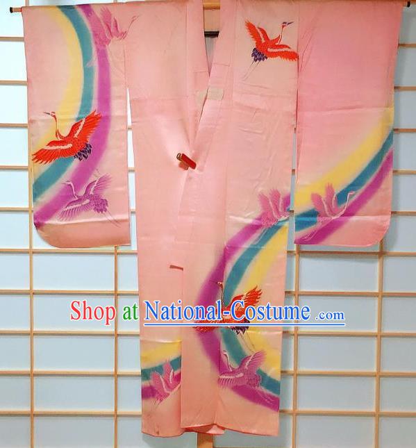 Traditional Japanese Costume Pink Furisode Kimono Japan Classical Phoenix Pattern Yukata Dress for Kids