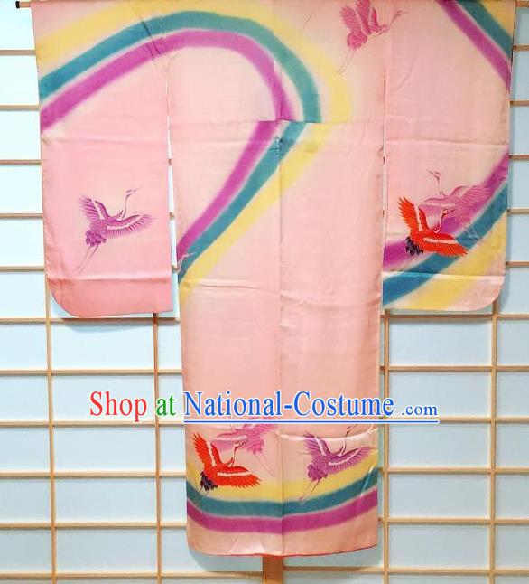 Traditional Japanese Costume Pink Furisode Kimono Japan Classical Phoenix Pattern Yukata Dress for Kids