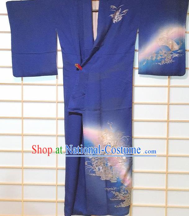 Traditional Japanese Printing Deep Blue Tsukesage Kimono Japan Classical Chrysanthemum Fan Pattern Yukata Dress Costume for Women