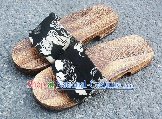 Traditional Japanese Dragon Pattern Black Geta Slippers Asian Japan Clogs Shoes for Men