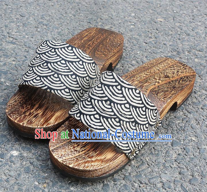 Traditional Japanese Waves Pattern Black Geta Slippers Asian Japan Clogs Shoes for Men