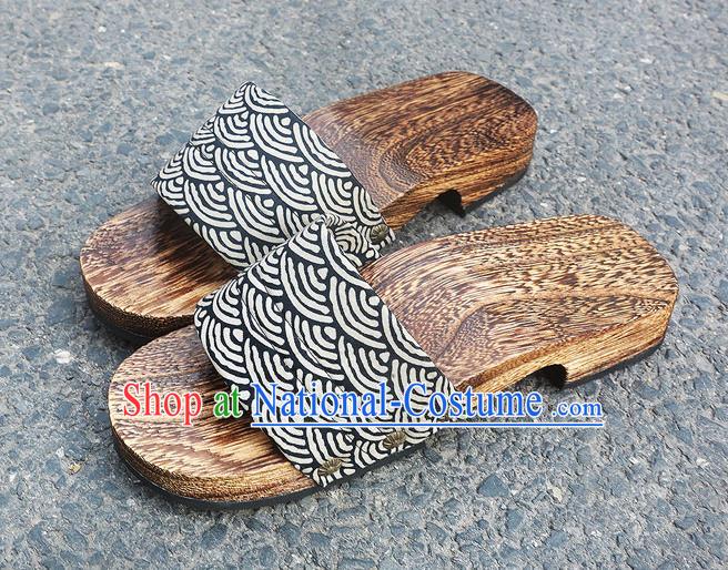 Traditional Japanese Waves Pattern Black Geta Slippers Asian Japan Clogs Shoes for Men