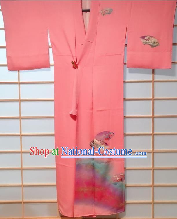 Traditional Japanese Pink Tsukesage Kimono Japan Classical Fan Pattern Yukata Dress Costume for Women