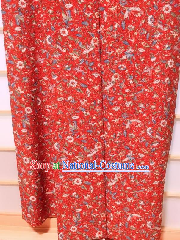 Traditional Japanese Red Kimono Japan Classical Birds Flowers Pattern Yukata Dress Costume for Women