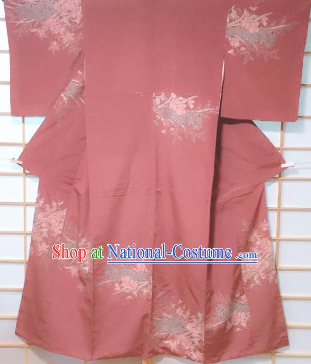 Traditional Japanese Rust Red Tsukesage Kimono Japan Classical Pattern Yukata Dress Costume for Women