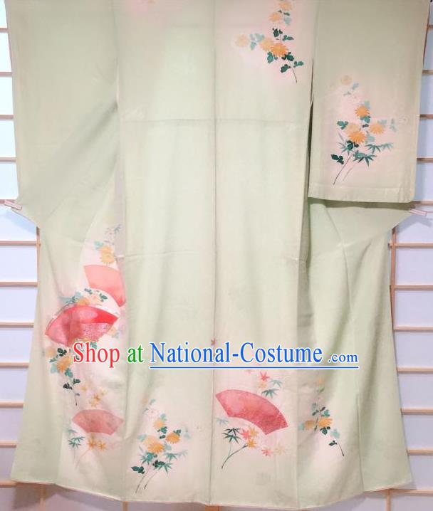 Traditional Japanese Light Green Tsukesage Kimono Japan Classical Chrysanthemum Fan Pattern Yukata Dress Costume for Women