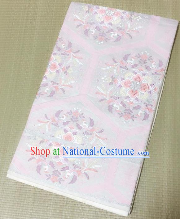 Japanese Traditional Embroidered Phoenix Pattern Light Pink Brocade Waistband Japan Kimono Yukata Belt for Women