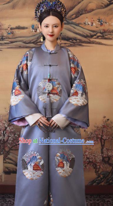 Chinese Ancient Manchu Noble Consort Purple Embroidered Dress Traditional Qing Dynasty Imperial Concubine Costumes and Headpiece for Women