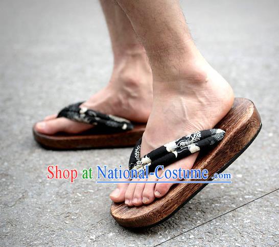 Traditional Japanese Dragon Pattern Black Geta Slippers Asian Japan Clogs Shoes for Men