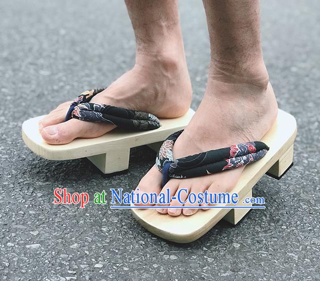 Japanese Traditional Kylin Pattern Black Flip Flops Bidentate Clogs Slippers Asian Japan Geta Shoes for Men