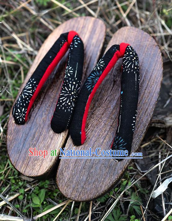 Traditional Japanese Classical Fireworks Pattern Black Flip Flops Slippers Zori Geta Asian Japan Clogs Shoes for Women