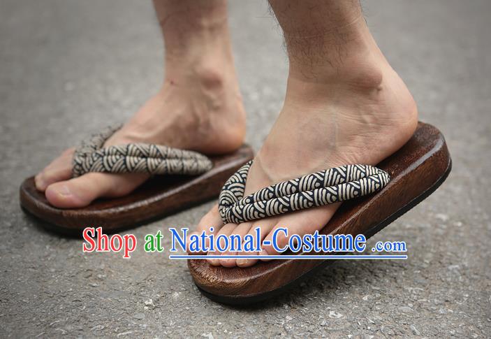 Traditional Japanese Wave Pattern Black Geta Slippers Asian Japan Clogs Shoes for Men