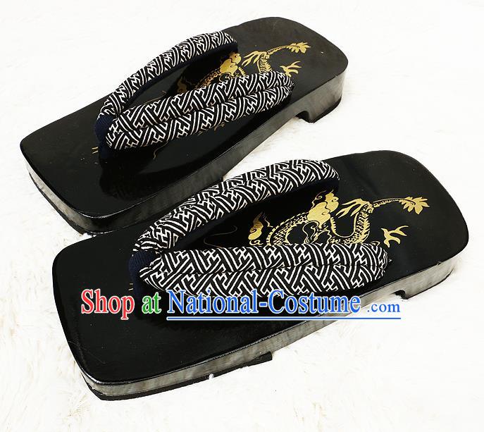 Japanese Traditional Pattern Black Flip Flops Slippers Clogs Asian Japan Geta Shoes for Men