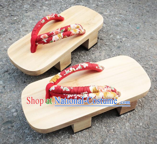 Traditional Japanese Classical Cherry Pattern Red Bidentate Clogs Flip Flops Slippers Asian Japan Geta Shoes for Women