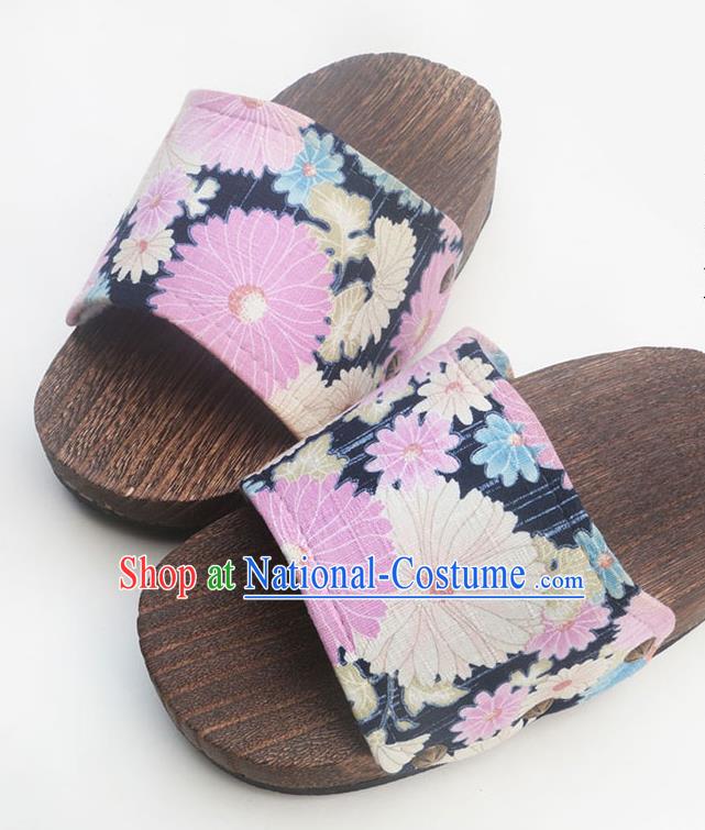 Traditional Japanese Classical Daisy Pattern Navy Clogs Wood Slippers Asian Japan Geta Shoes for Women