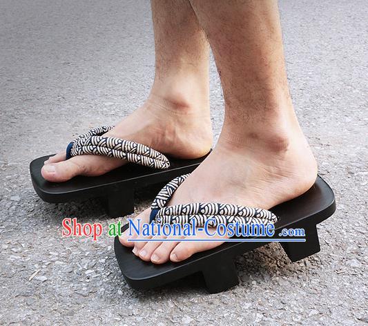 Traditional Japanese Wave Pattern Black Bidentate Clogs Slippers Asian Japan Geta Shoes for Men