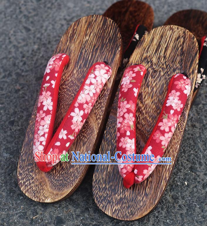 Traditional Japanese Classical Sakura Pattern Purplish Red Flip Flops Slippers Geta Asian Japan Clogs Shoes for Women