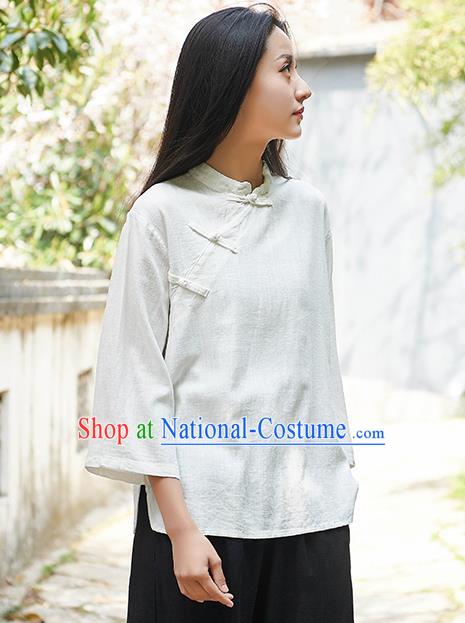 Traditional Chinese Tang Suit White Flax Slant Opening Shirt Li Ziqi Blouse Upper Outer Garment Costume for Women